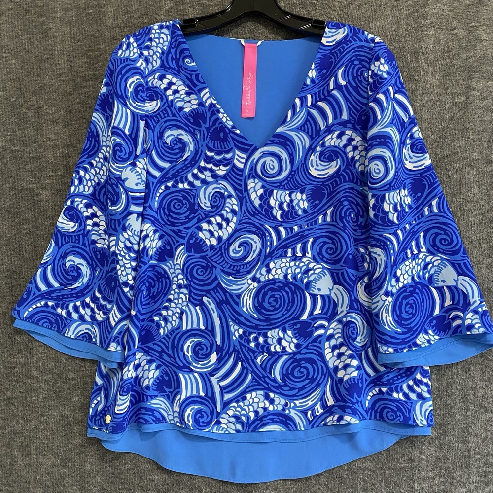NEW Lilly Pulitzer Florin Reversible Top Womens‎ S Blue Grotto 3/4 Sleeve Blouse